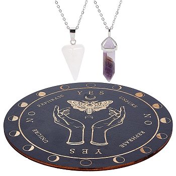 DIY Moth Pattern Pendulum Board Dowsing Divination Making Kit, Including Natural Rose Quartz & Amethyst Pendants, Wood Pendulum Board, 304 Stainless Steel Cable Chain Necklaces, 4Pcs/set