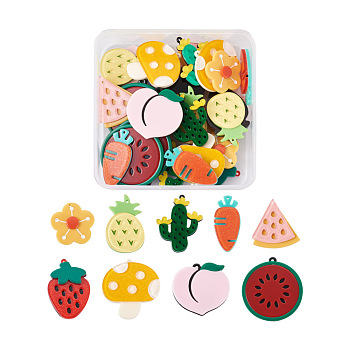 Craftdady 36Pcs 9 Style Cellulose Acetate(Resin) Pendants, with Glitter Powder, Mushroom & Cactus & Strawberry & Watermelon & Pineapple & Carrot & Flower & Peach, Mixed Color, 4pcs/style