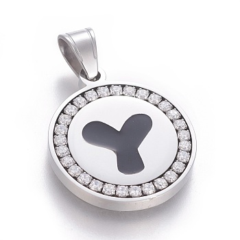 304 Stainless Steel Enamel Pendants, with Cubic Zirconia, Flat Round with Letter, Stainless Steel Color, Clear, Letter.Y, 29x25x3mm, Hole: 5.5x8.5mm