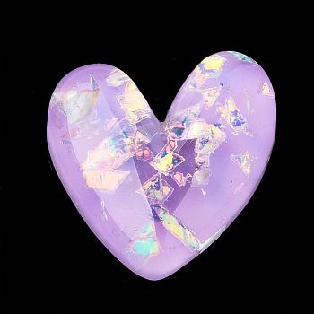 Resin Cabochons, with Shell Chip, Heart, Lilac, 28x25.5x7.5mm