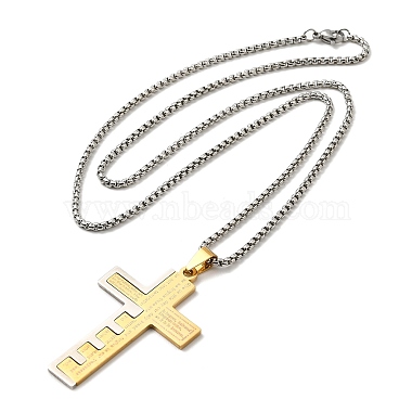 Cross with Word 304 Stainless Steel Pendant Necklace with Box Chains(NJEW-F319-02G)-2