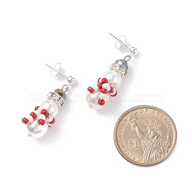 Boucles d'oreilles pendantes bonhomme de neige de Noël tressées en perles de coquillages et en verre(EJEW-TA00089)-4