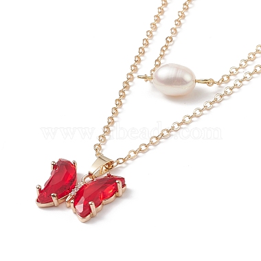 Glass Butterfly & Natural Pearl Pendants Double Layer Necklace with Clear Cubic Zirconia(NJEW-TA00043-03)-4