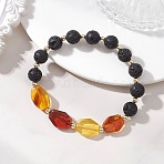 Natural Amber and Lava Rock Beads Stretch Bracelets for Women, Round & Nuggets, with Electroplate Non-magnetic Synthetic Hematite Beads, Inner Diameter: 1.99 inch(5.05cm)(BJEW-JB13383-02)