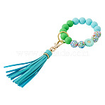 Silicone Beaded Wristlet Keychains, with Alloy Findings, for Women Car Key or Bag Decoration, Golden, Medium Spring Green, 244mm(KEYC-TAC00064)