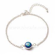 Enamel Evil Eye Link Bracelet with 304 Stainless Steel Rolo Chains for Women, Blue, 7-3/8 inch(18.7cm)(BJEW-JB08156)