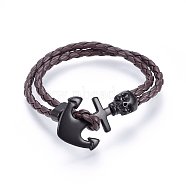 Braided Leather Cord Multi-strand Bracelets, with Waxed Cord and Alloy Clasps, Anchor with Skull, Coconut Brown, 8-5/8 inches(22cm)(BJEW-F347-05A)