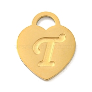 Ion Plating(IP) 304 Stainless Steel Pendants, Laser Cut, Heart with Letter Charm, Golden, Letter T, 15x12x1mm, Hole: 3x3.5mm(FIND-M017-01G-T)