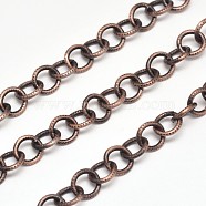 Electroplate Iron Cable Chains, Textured, Soldered, with Spool, Oval, Lead Free & Nickel Free, Red Copper, 7x1mm, about 98.42 Feet(30m)/roll(CH-M002-07R-FF)