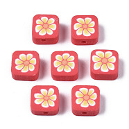 Handmade Polymer Clay Beads, for DIY Jewelry Crafts Supplies, Square with Flower, Champagne Yellow, 9~9.5x9.5x4~4.5mm, Hole: 1.8mm(CLAY-N008-034D)