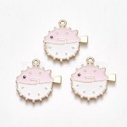 Alloy Pendants, Cadmium Free & Lead Free, with Enamel, Fish, Light Gold, Pink, 24x22x1mm, Hole: 2mm(ENAM-S115-089)