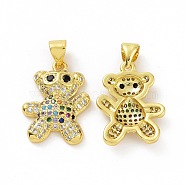 Brass Micro Pave Clear Cubic Zirconia Pendants, Bear, Colorful, 19x14x3mm, Hole: 3.5x5mm(ZIRC-F135-28G-03)