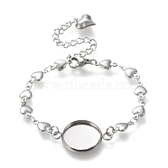 304 Stainless Steel Bracelet Making, with Lobster Claw Clasps, Heart Link Chains and Flat Round Cabochon Settings, Stainless Steel Color, Tray: 12mm, 6 inch(15.3cm)(STAS-L248-009P-A)