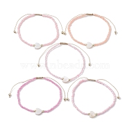 5Pcs 5 Colors Natural Shell Heart & Seed Braided Bead Bracelets Set, Adjustable Synthetic Hematite Stackable Bracelets, Pink, Inner Diameter: 2-1/4~3-3/8 inch(5.6~8.7cm), 1Pc/color(BJEW-JB10039-02)