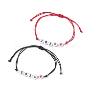 2Pcs 2 Color Heart with Word 2024 Acrylic Braided Bead Bracelets Set, Nylon Adjustable Bracelets, Mixed Color, Inner Diameter: 2-1/8~3-1/2 inch(5.4~8.85cm), 1Pc/color(BJEW-JB09780)