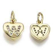 Brass Micro Pave Clear Cubic Zirconia Charms, with Jump Ring, Heart with Letter, Real 16K Gold Plated, Nickel Free, Letter.W, 10x9x2mm, Jump Ring: 5x1mm, 3mm inner diameter(KK-N227-34W-NF)