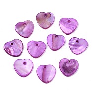 Natural Freshwater Shell Charms, Dyed, Heart, Magenta, 12.5x13x2mm, Hole: 1.5mm(SHEL-R113-17F)