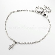 Cross Stainless Steel Anklets, with Lobster Clasps and End Chains, Stainless Steel Color, 230x2mm(AJEW-AN00104-01)