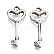 304 Stainless Steel Pendants, Heart Key, Stainless Steel Color, 25x10.5x2.5mm, Hole: 2mm(X-STAS-R115-07)