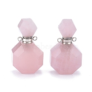 Faceted Natural Rose Quartz Openable Perfume Bottle Pendants, with 304 Stainless Steel Findings, Stainless Steel Color, 34~36x20~22x12~13mm, Hole: 1.8mm, Bottle Capacity: 1ml(0.034 fl. oz)(G-I287-06P-B)