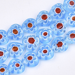 Handmade Millefiori Lampwork Beads Strands, Heart, Light Sky Blue, 10x10x4mm, Hole: 0.8mm, about 42pcs/strand, 15.1 inch(X-LAMP-S191-19A-04)