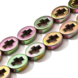 Electroplated Synthetic Non-magnetic Hematite Beads Strands, Oval with Cross, Rainbow Plated, 10x8x3mm, Hole: 0.9mm, about 40pcs/strand, 15.75''(40cm)(G-L613-Z01-02J)