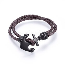 Braided Leather Cord Multi-strand Bracelets, with Waxed Cord and Alloy Clasps, Anchor with Skull, Coconut Brown, 8-5/8 inch(22cm)(BJEW-F347-05A)