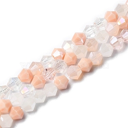 Electroplate Glass Beads Strands, Opaque & Transparent & AB Color Plated, Faceted, Bicone, Pink, 4x4.5mm, Hole: 0.9mm, about 94~95pcs/strand, 13.86''(35.2cm)(EGLA-D018-02A)