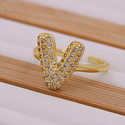 Brass Micro Pave Clear Cubic Zirconia Initial Cuff Rings, Golden, Letter V, Inner Diameter: Adjustable(FS-WGB210B-22)