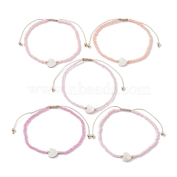 5Pcs 5 Colors Natural Shell Heart & Seed Braided Bead Bracelets Set, Adjustable Synthetic Hematite Stackable Bracelets, Pink, Inner Diameter: 2-1/4~3-3/8 inch(5.6~8.7cm), 1Pc/color(BJEW-JB10039-02)