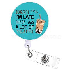 Flat Round ABS Plastic Badge Reel, Retractable Badge Holder, Word Sorry I'm Late There was A Lot Of Traffic Alligator Clip, Drink Pattern, 82x33mm(JEWB-WH0036-009)