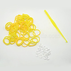 (Defective Closeout Sale), Dyed Rubber Bands Refills, with Tool and Plastic S-Clips, Yellow, Hook: 80x6x3mm, Tool: 25x54x7mm, Clip: 11x6x2mm, Band: 6x1mm, about 260pcs/bag(DIY-D004-01)