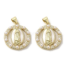 Brass Pave Shell Pendants, Religion Virgin Mary Charms with ABS Imitation Pearl, Real 18K Gold Plated, Oval, 23.5x21x4mm, Hole: 3.5x4.5mm(KK-I708-16H-G)