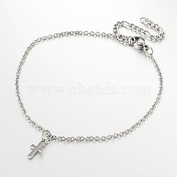 Tarnish Resistant Cross Stainless Steel Anklets, with Lobster Clasps and End Chains, Stainless Steel Color, 230x2mm(AJEW-AN00104-01)