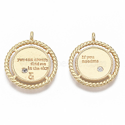 Brass Micro Pave Clear Cubic Zirconia Pendants, Quotation Charm, Nickel Free, Flat Round with Word, Real 18K Gold Plated, 23x19.5x3.5mm, Hole: 2mm(KK-R126-020-NF)