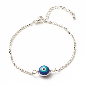 Enamel Evil Eye Link Bracelet with 304 Stainless Steel Rolo Chains for Women, Blue, 7-3/8 inch(18.7cm)