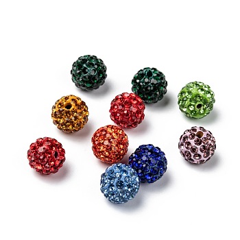 Pave Disco Ball Beads, Polymer Clay Rhinestone Beads, Round, Mixed Color, 10mm, Hole: 1.5mm