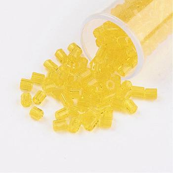 11/0 Two Cut Round Hole Glass Seed Beads, Hexagon, Transparent Colours, Yellow, 2x2mm, Hole: 0.5mm, about 41000pcs/pound