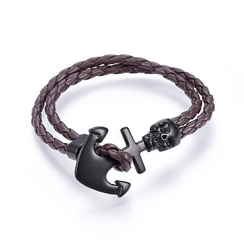 Braided Leather Cord Multi-strand Bracelets, with Waxed Cord and Alloy Clasps, Anchor with Skull, Coconut Brown, 8-5/8 inch(22cm)
