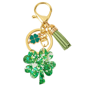 Alloy & Enamel & Acrylic Pendant Decorations, with Alloy Lobster Claw Clasps, Clover, Golden, Sea Green, 97mm