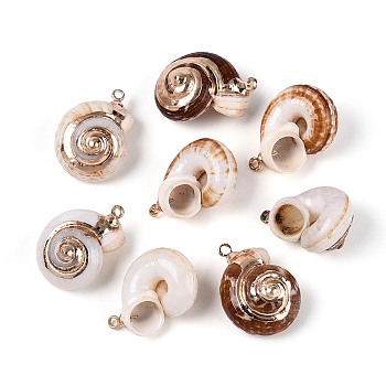 Electroplated Natural Shell Pendants, Shell Shape Charms, with Brass Findings, Golden, Camel, 21~22x14~16x11~12mm, Hole: 1.6mm