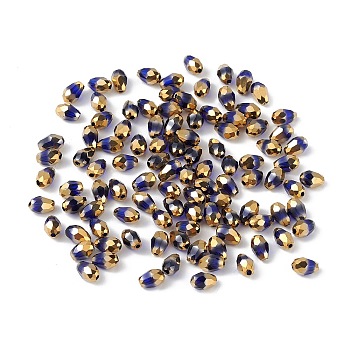 Electroplate Glass Beads, Half Golden Plated, Faceted, Teardrop, Blue, 6x4x4mm, Hole: 1mm, about 500pcs/bag
