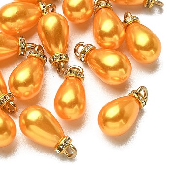 ABS Plastic Pendants, with Golden Tone Iron Findings and Rhinestone, Dyed, Teardrop Charm, Goldenrod, 19.5x9.5mm, Hole: 2.5mm, about 15pcs/bag