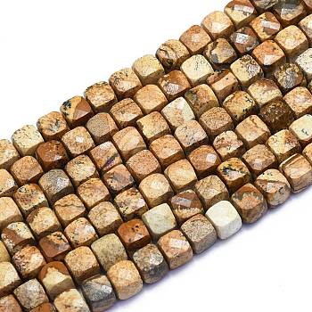Natural Picture Jasper Beads Strands, Cube, Faceted, 6~7x6~7x6~7mm, Hole: 1mm, about 58pcs/Strand, 15.55 inch(39.5cm)