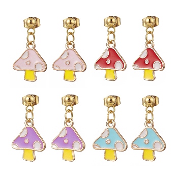 4 Pair 4 Color Enamel Mushroom Dangle Stud Earrings, Golden 304 Stainless Steel Jewelry for Women, Mixed Color, 23mm, Pin: 0.8mm, 1 Pair/color