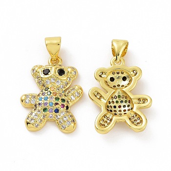 Brass Micro Pave Clear Cubic Zirconia Pendants, Bear, Colorful, 19x14x3mm, Hole: 3.5x5mm