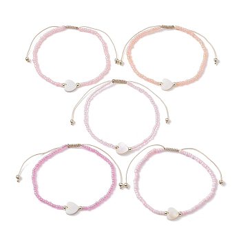 5Pcs 5 Colors Natural Shell Heart & Seed Braided Bead Bracelets Set, Adjustable Synthetic Hematite Stackable Bracelets, Pink, Inner Diameter: 2-1/4~3-3/8 inch(5.6~8.7cm), 1Pc/color