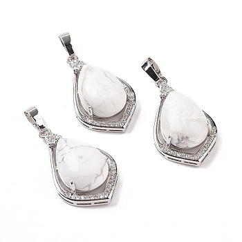 Natural Howlite Pendants, Teardrop Charms, with Platinum Tone Rack Plating Brass Findings, 32x19x10mm, Hole: 8x5mm