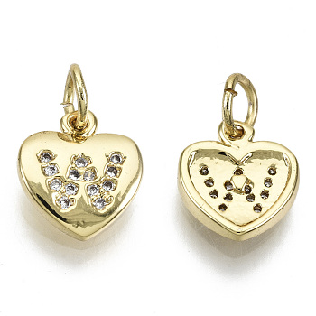 Brass Micro Pave Clear Cubic Zirconia Charms, with Jump Ring, Heart with Letter, Real 16K Gold Plated, Nickel Free, Letter.W, 10x9x2mm, Jump Ring: 5x1mm, 3mm inner diameter