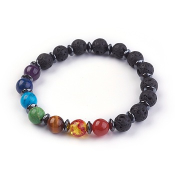 Natural/Synthetic Mixed Stone Stretch Bracelets, with Lava Rock and Non-Magnetic Synthetic Hematite Beads, 2-1/8 inch(5.5cm)